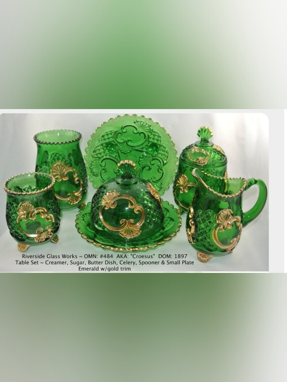 Creamer McKee (Riverside Glass) "CROESUS" Creen & Gold EAPG